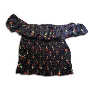 Haute Fox Off The Shoulder Navy Blue Cherry Polka Dot Top